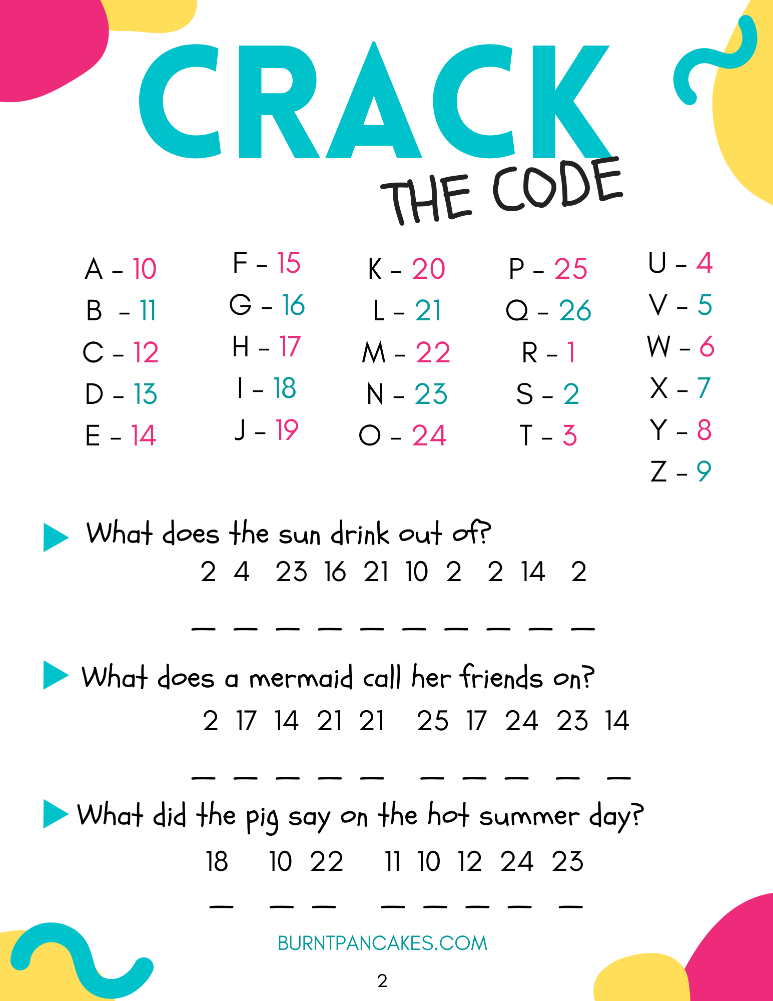Summer Jokes Crack The Code Printable Burnt Pancakes