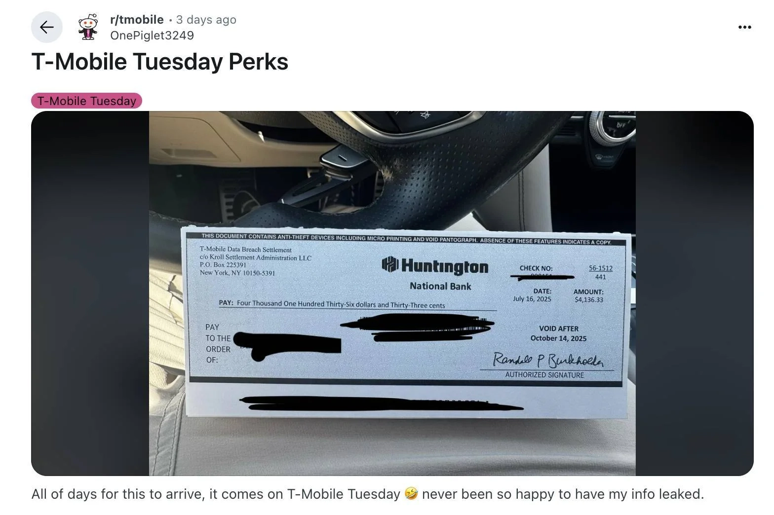 T Mobile Is Sending Out Checks So Large That One Customer Is Happy 