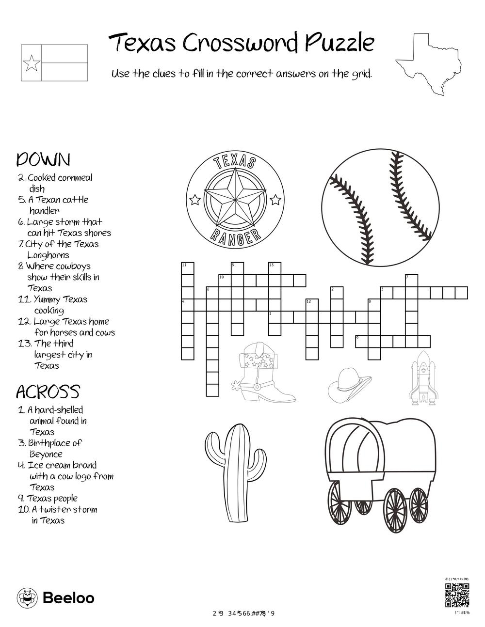 Texas themed Crossword Puzzles Beeloo Printable Crafts And 