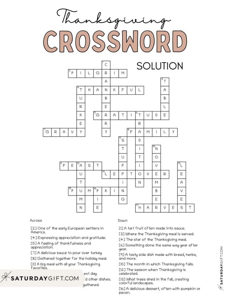 Crossword Puzzles For Thanksgiving Printable