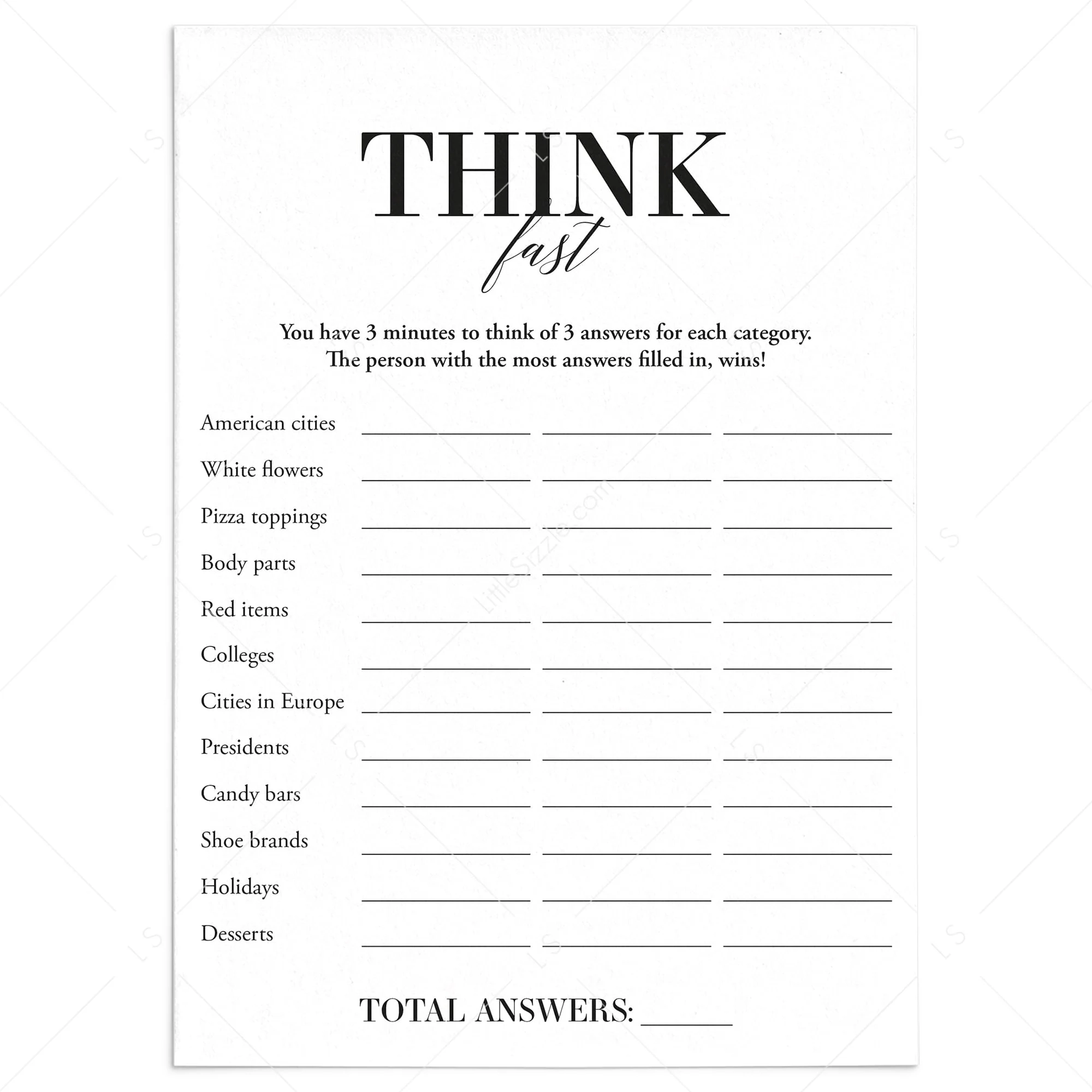 Think Fast Icebreaker Game Printable Instant Download