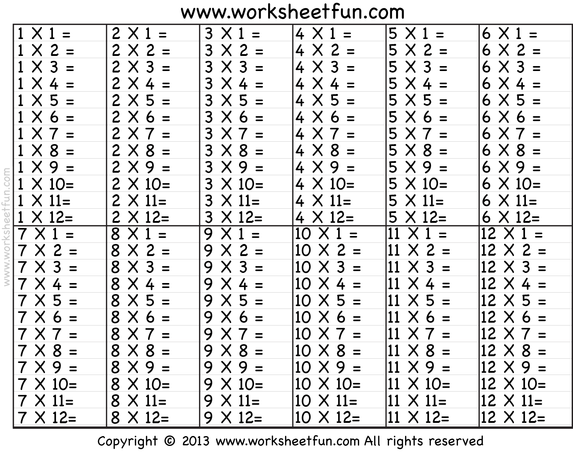 Times Tables Worksheets Printable