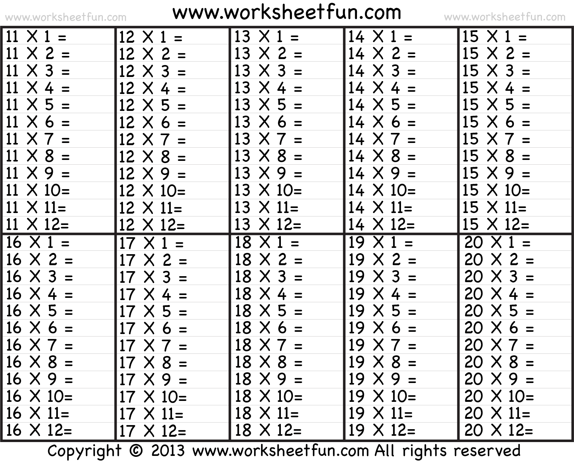 Free Printable Multiplication Table Worksheet