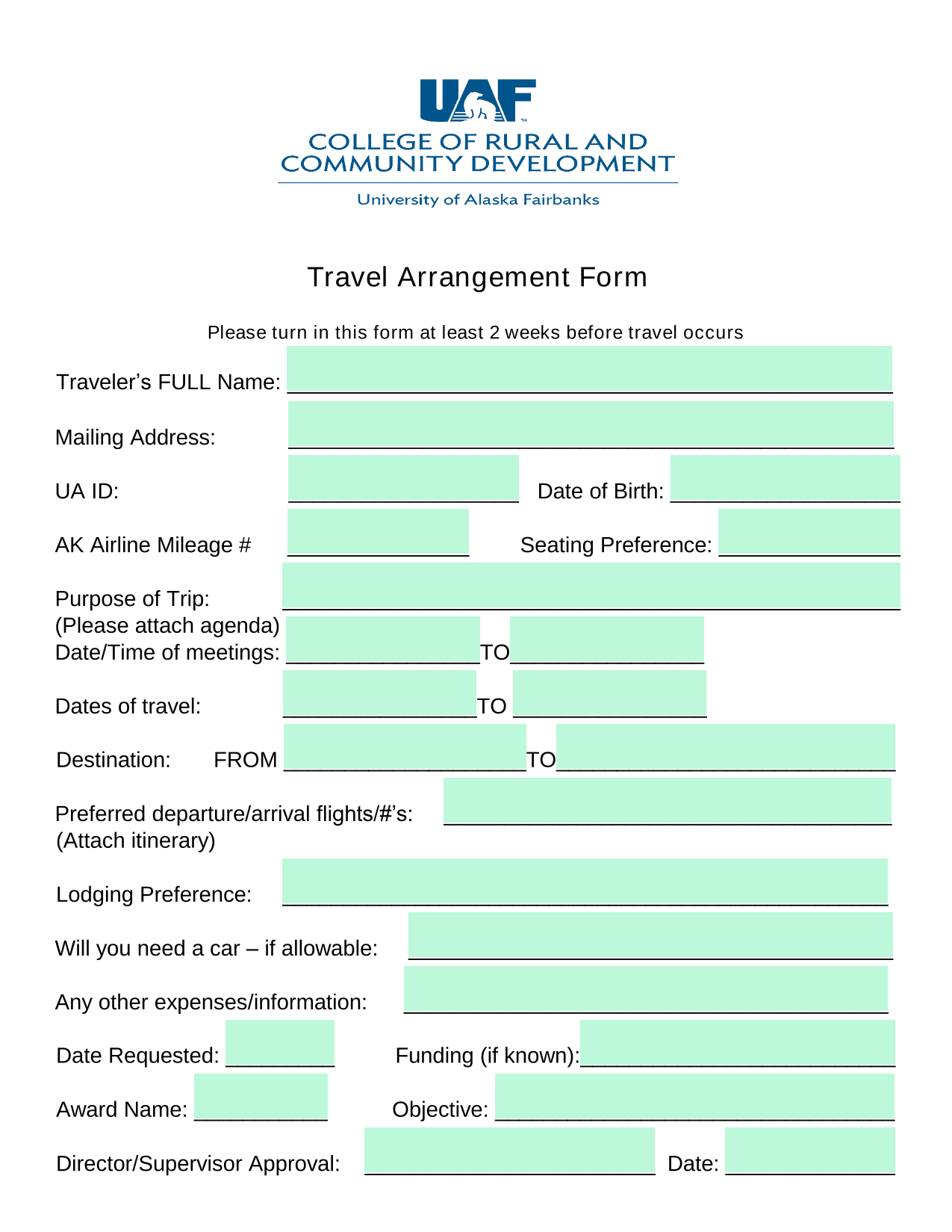 Travel Arrangement Form