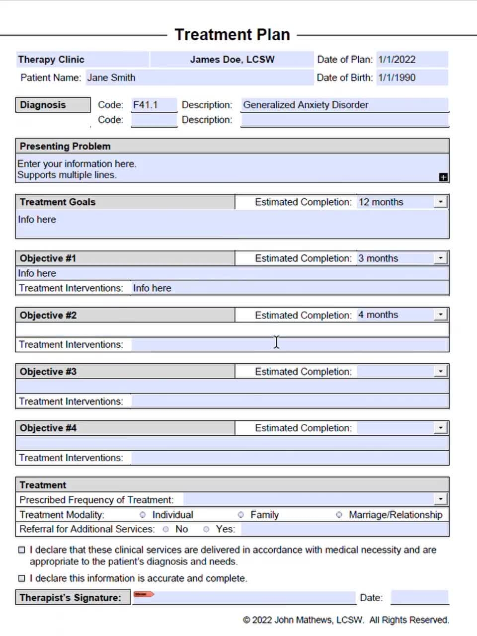 Treatment Plan Template For Therapists PDF Fillable amp Editable Printable Social Workers Psychiatrists Mental Health Counselors Form