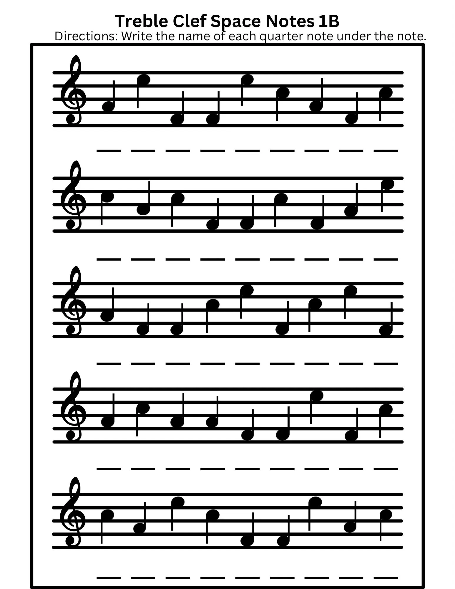 Treble Clef Space Notes Worksheet 1B Etsy