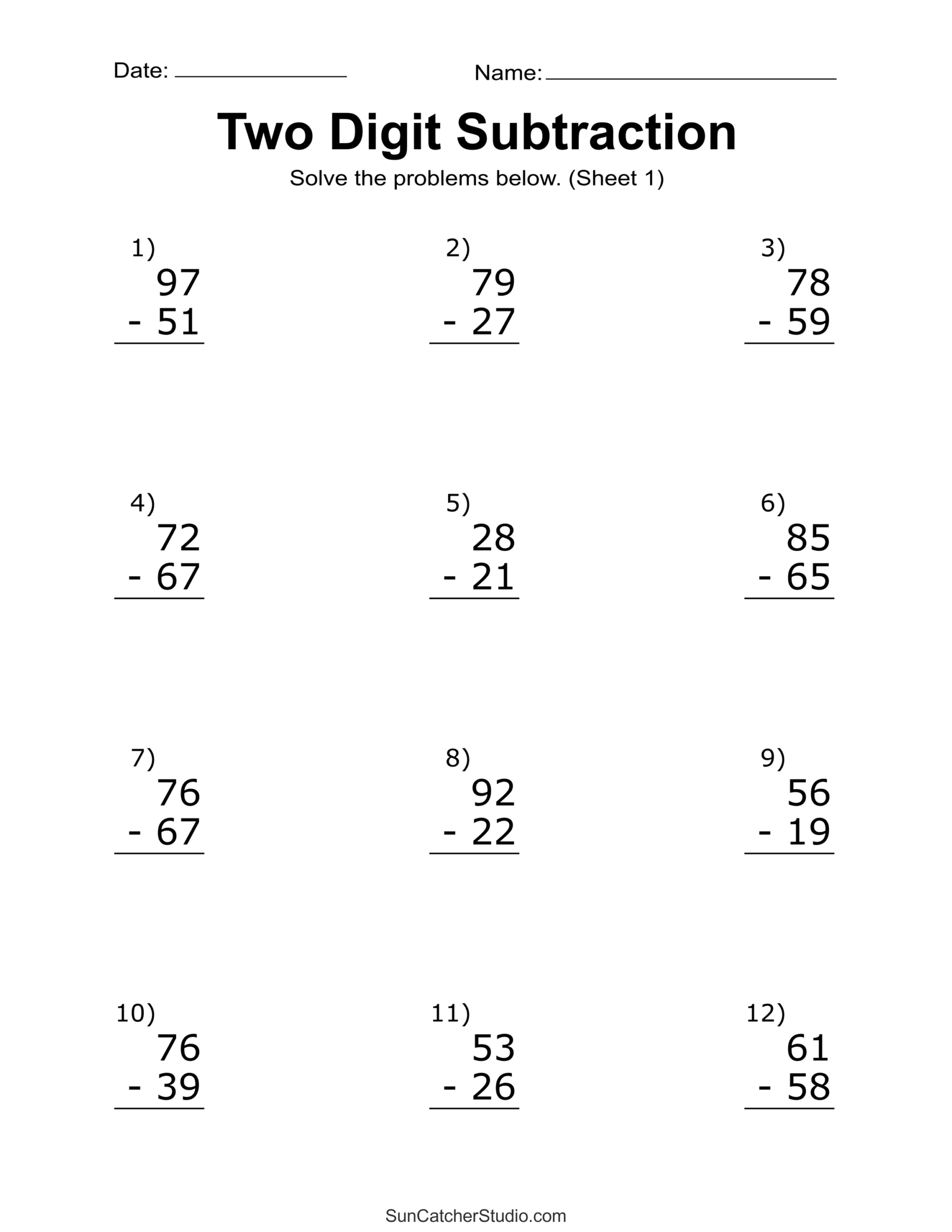 Basic Subtraction Worksheets Free Printable