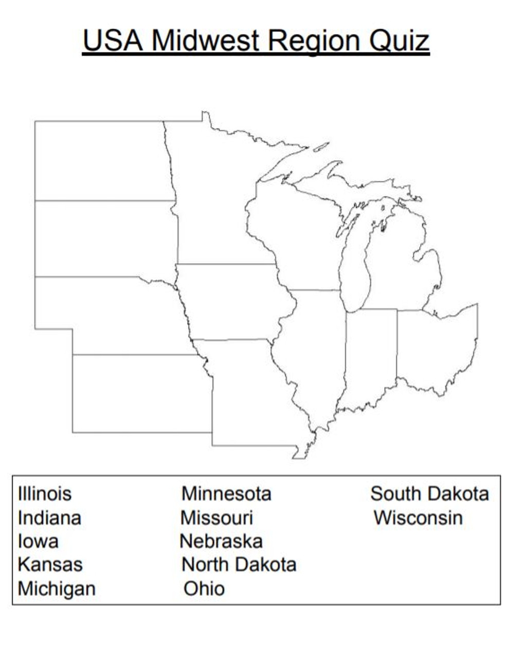 Regions Of The United States Printable Quiz