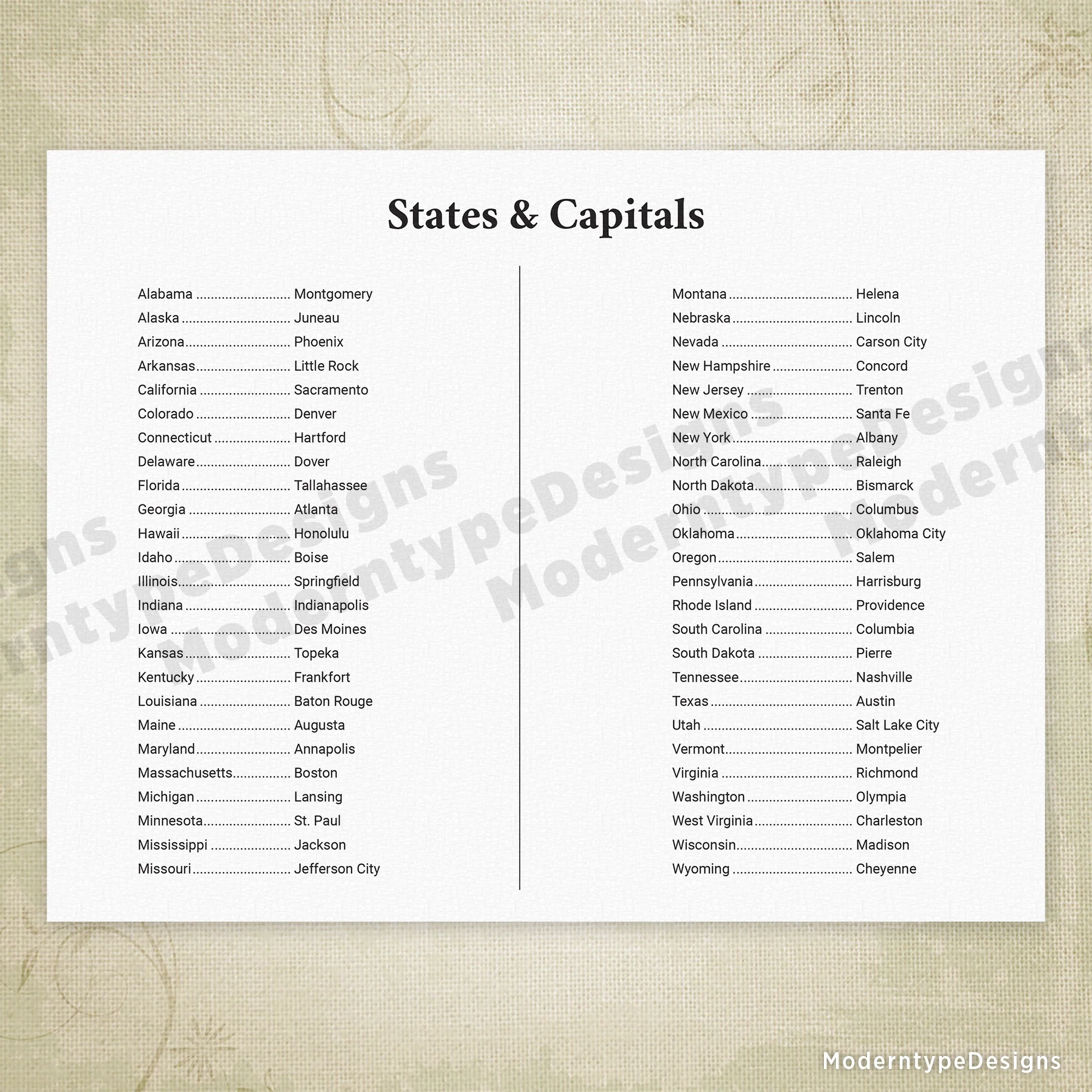 Printable List Of States In Usa