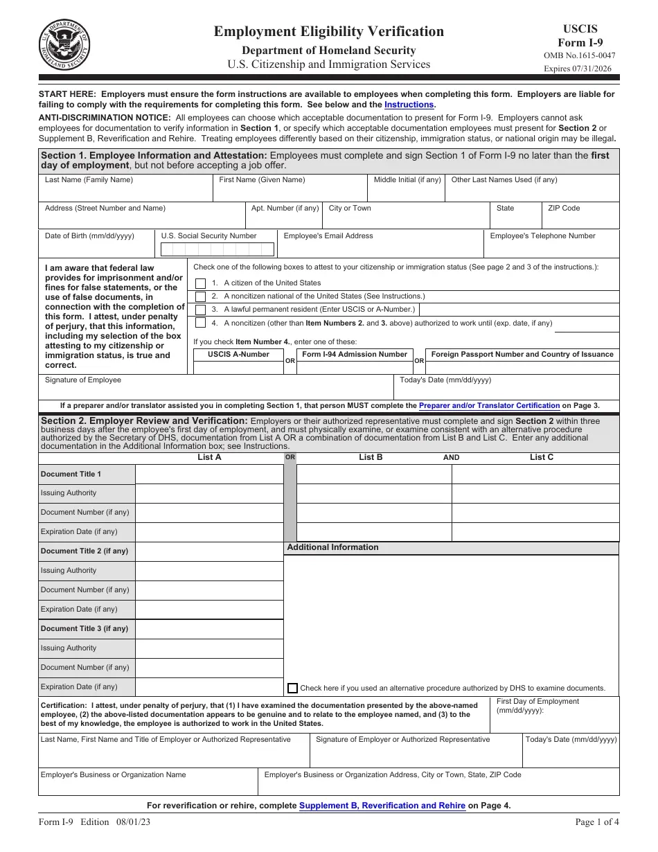 USCIS Form I 9 Download Fillable PDF Or Fill Online Employment 