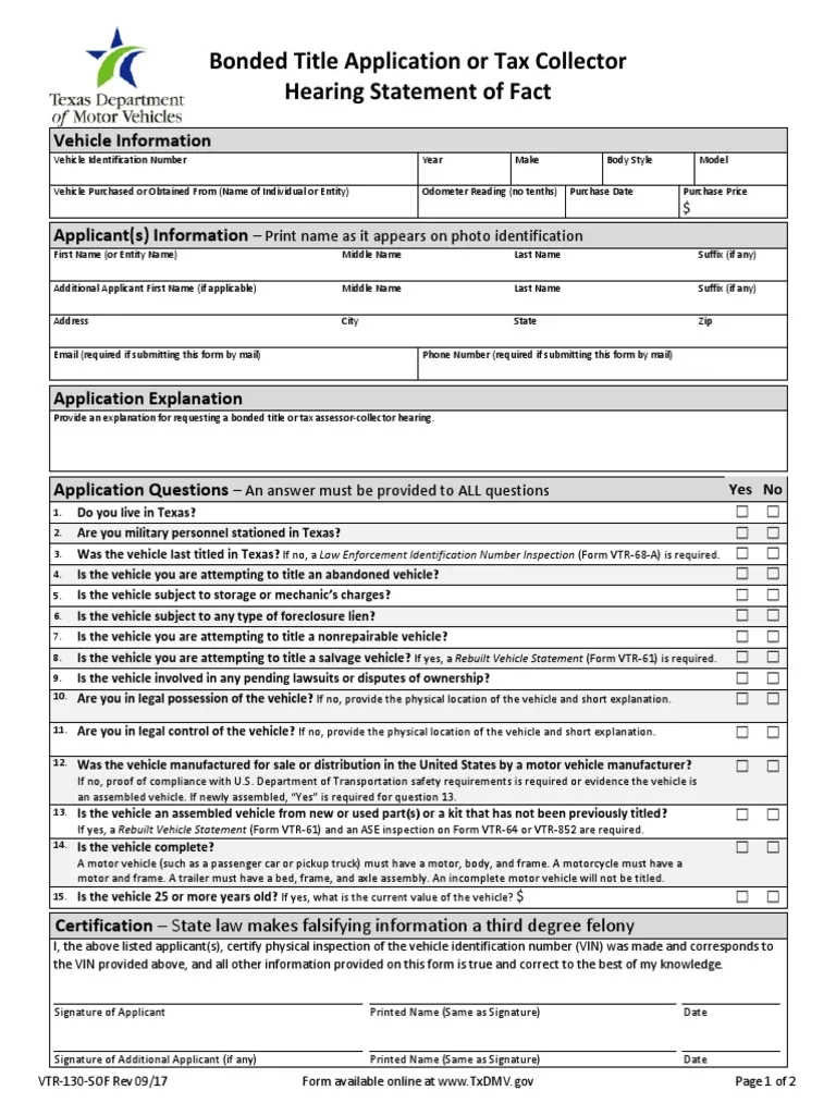 130 U Form 2023 Texas