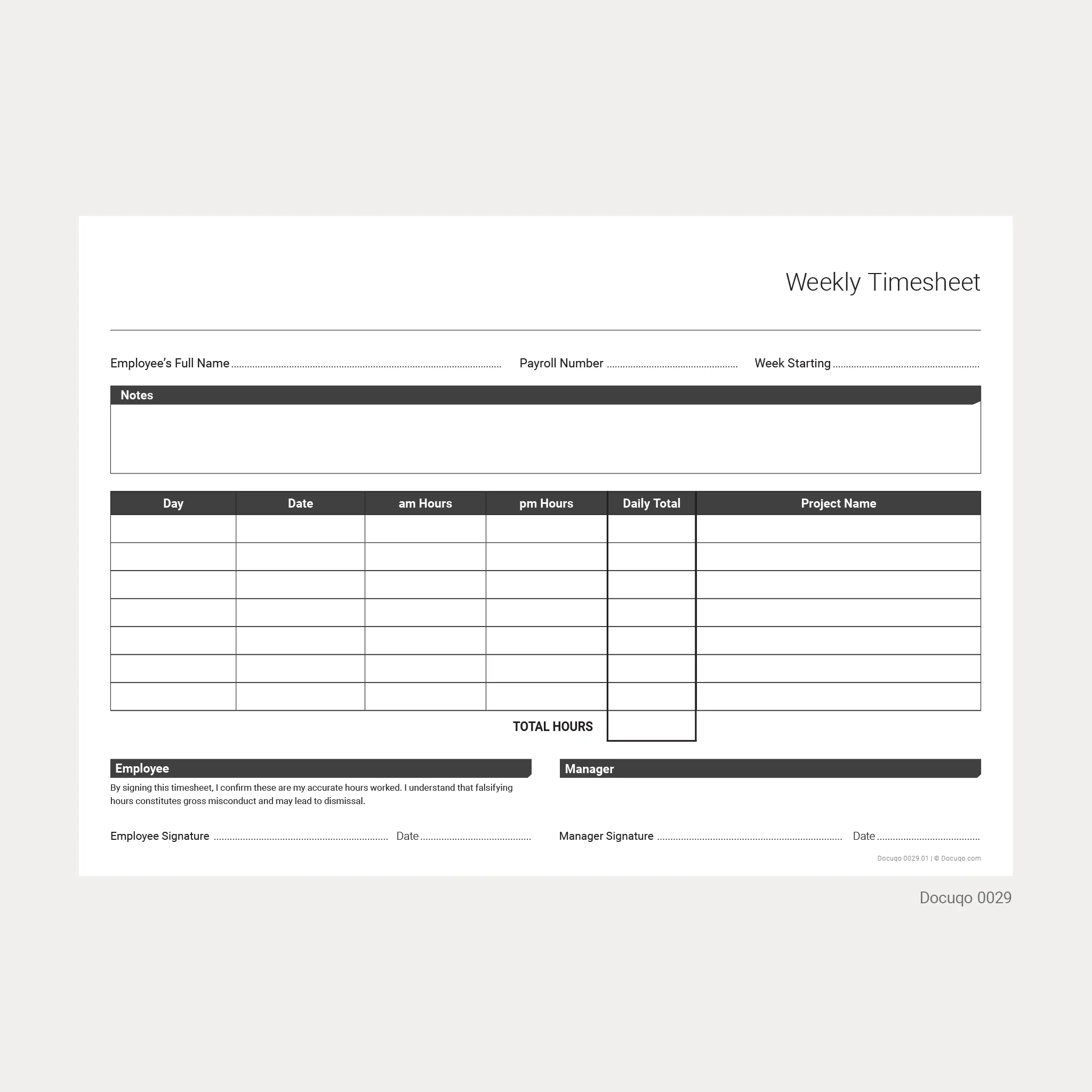 Weekly Timesheet Template UK A4 Fillable PDF Employee Hours amp Project Record Docuqo 0029 