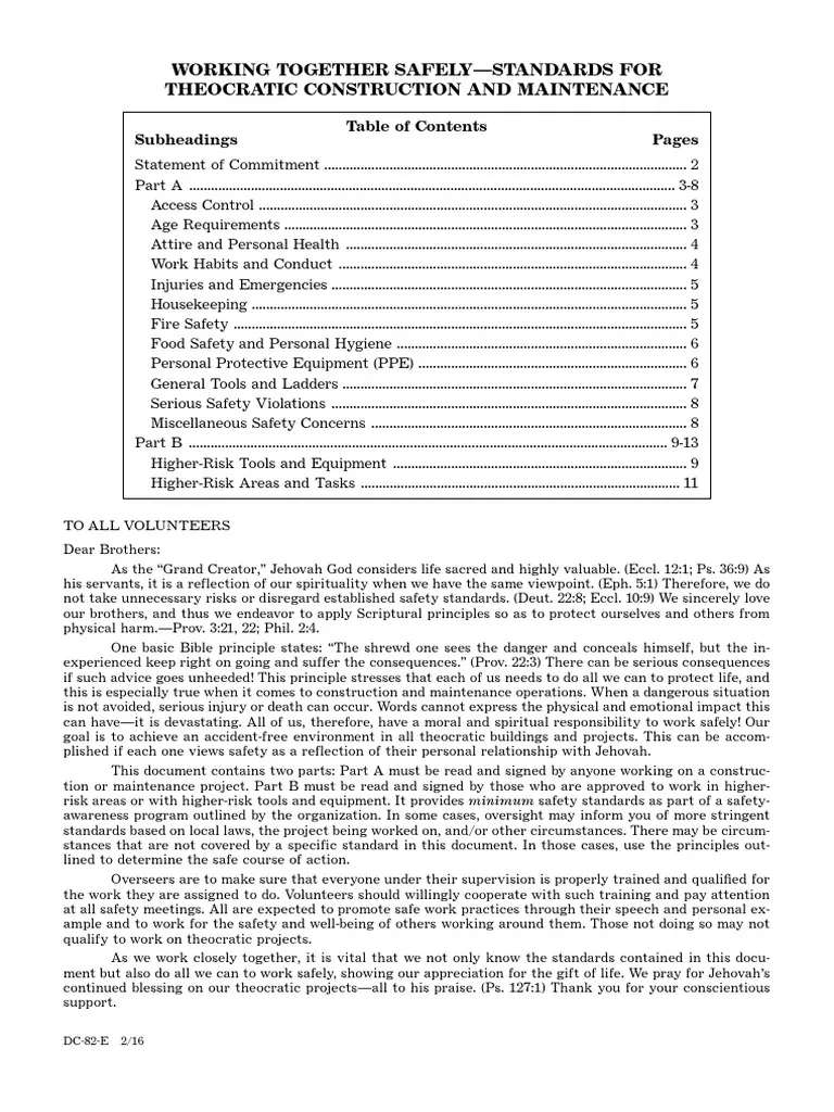 Working Together Safely Standards For Theocratic Construction And 