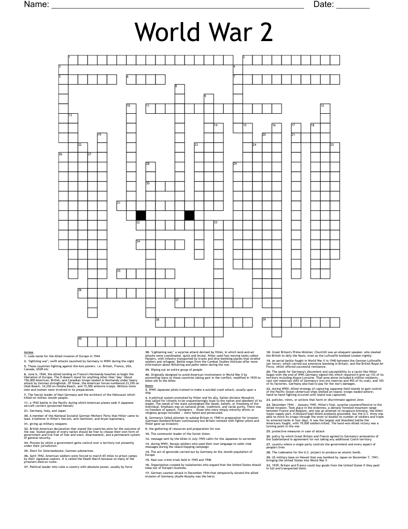 French Military Crossword Printable
