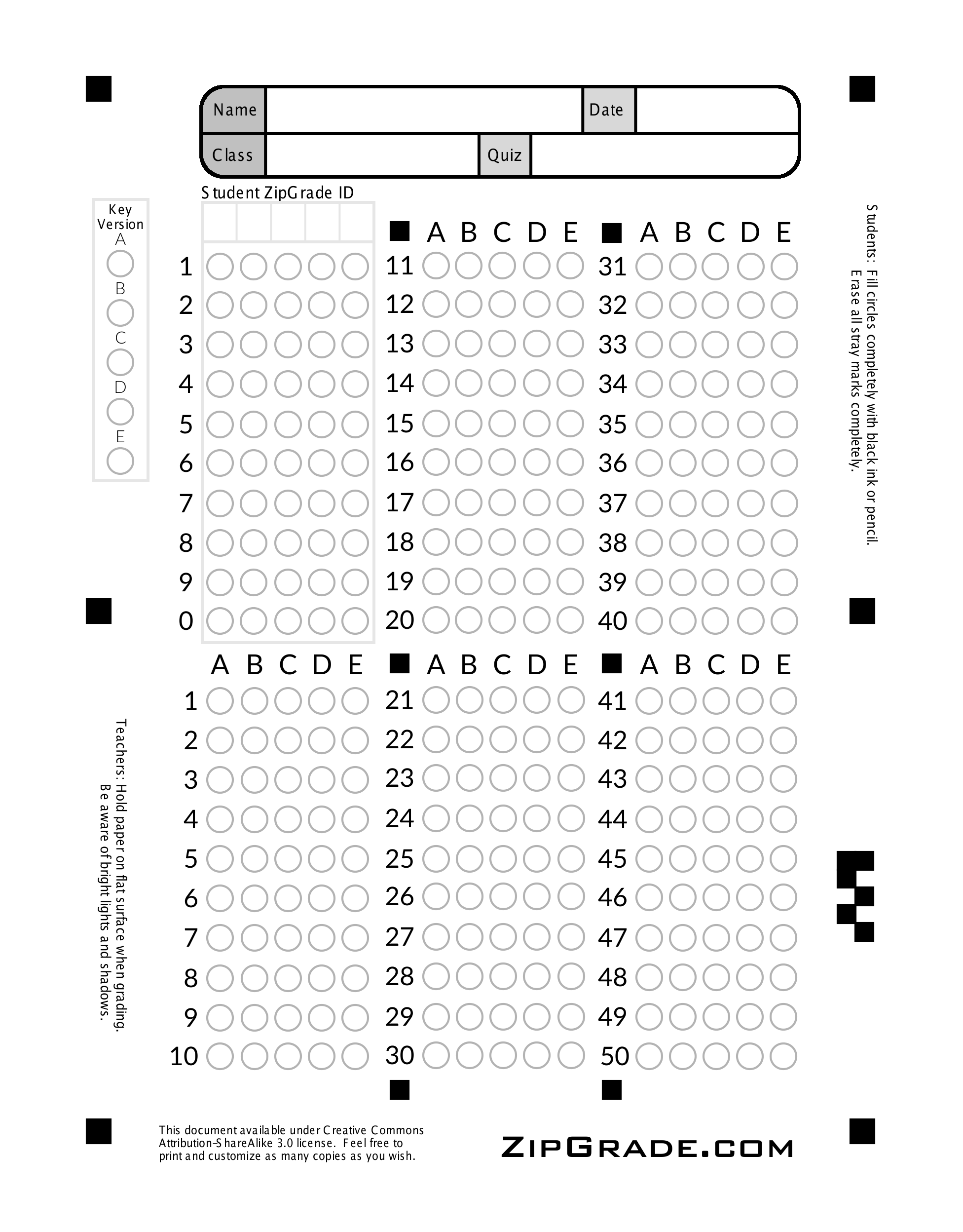 Shading Answer Sheet Printable 1-50